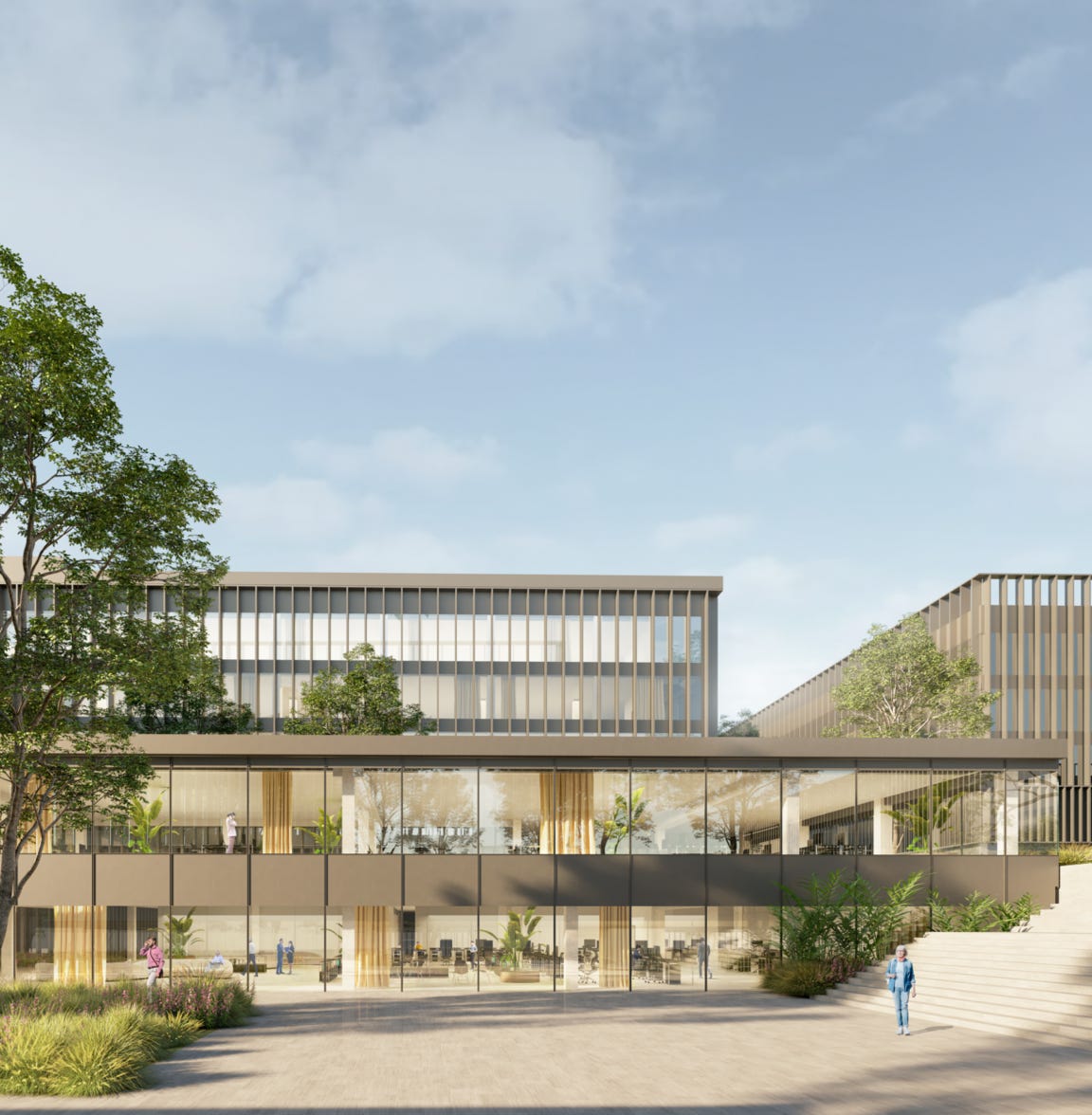 Render esterni del progetto di rigenerazione urbana a Torri di Quartesolo (VI), firmato da MD41, con boulevard pedonali, spazi verdi e nuovi edifici sostenibili.