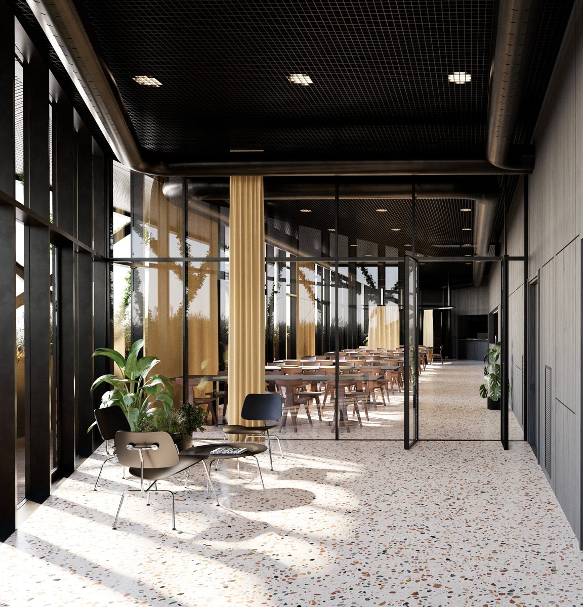 Render interni dell’ampliamento della sede Italchimica Srl a Padova, firmato da MD41, con foyer luminoso e mensa per 90 posti.