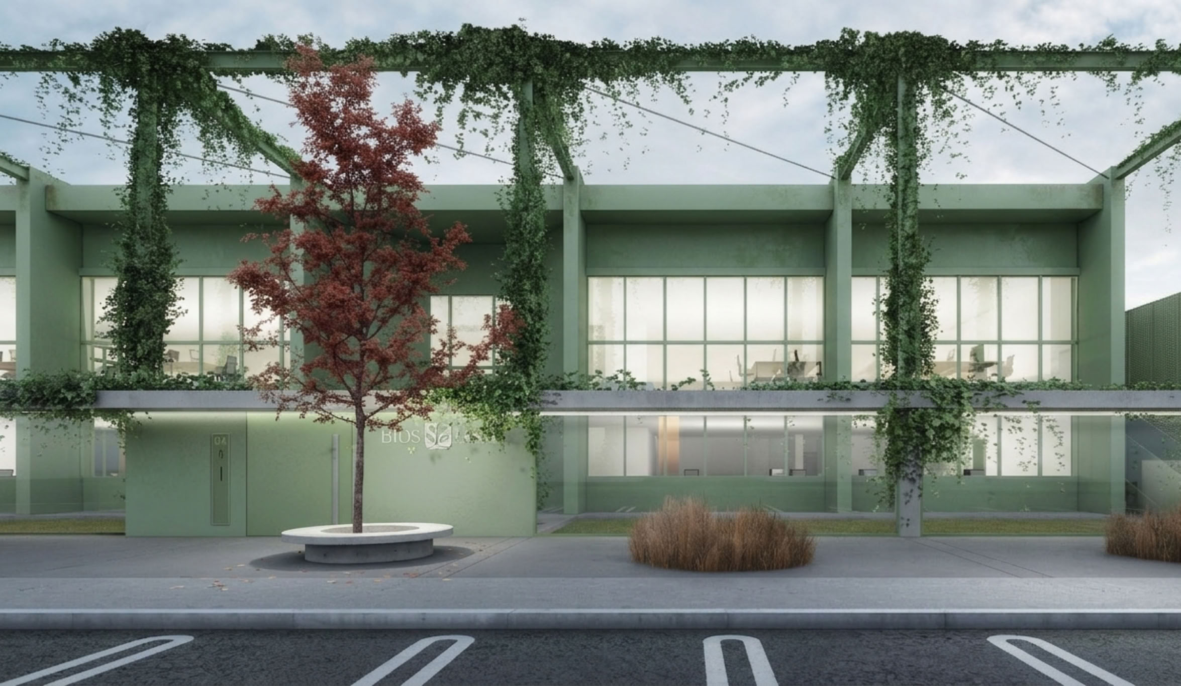 Render esterni degli uffici Bios Line a Ponte San Nicolò (PD), progettati da MD41, ristrutturazione su 2 piani con design moderno e innovativo.