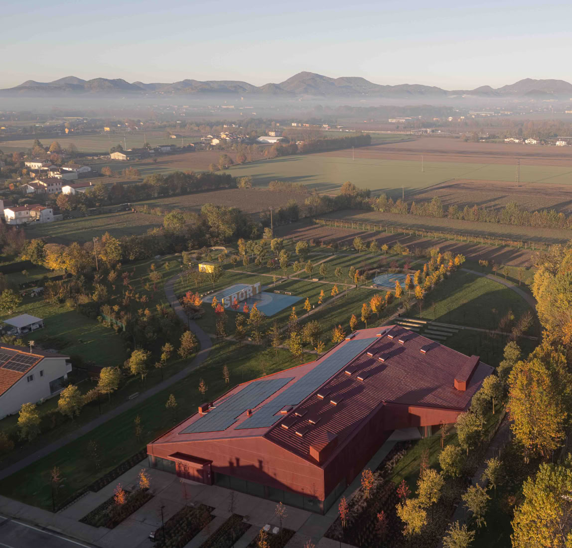 Vista d'insieme del nuovo parco di Albignasego inserito nel contesto del nuovo parco progettato da MD41.