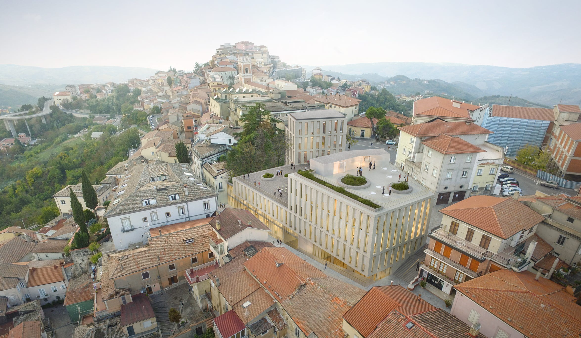 Render esterni del nuovo polo agroalimentare ad Ariano Irpino (AV), progettato da MD41, complesso su sei piani con piazza centrale e integrazione urbana.