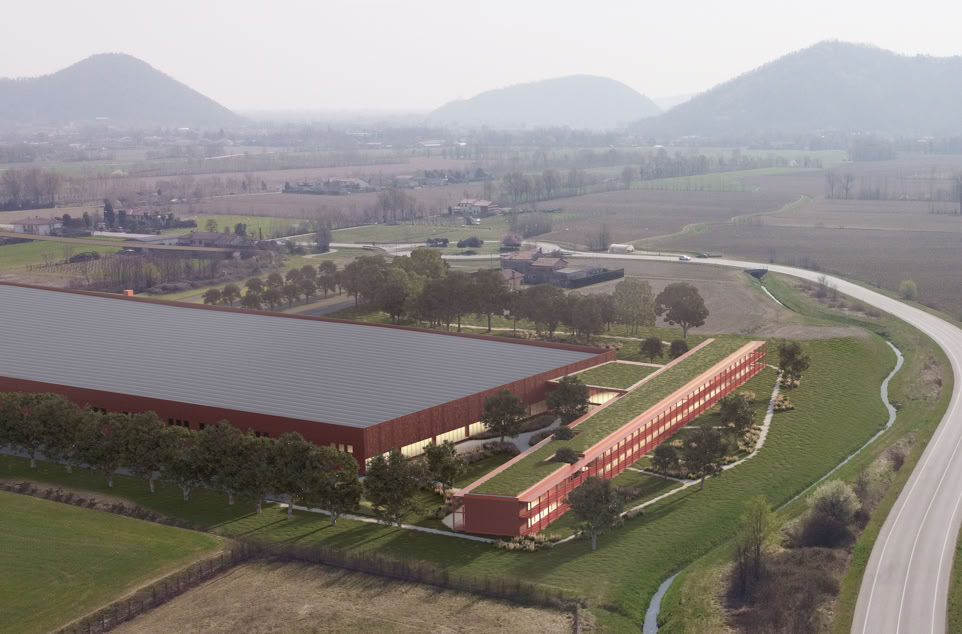 Render esterni della nuova sede Gibus a Teolo (PD), progettata da MD41, integrata nel verde dei Colli Euganei con spazi direzionali e produttivi.