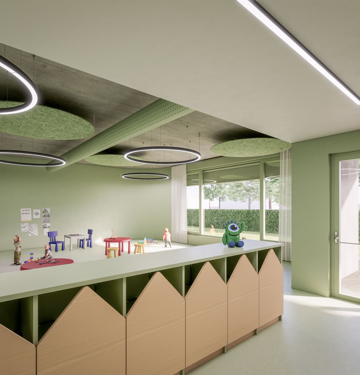 Render degli interni del complesso scolastico a Goro di MD41, con aule luminose e spazi didattici flessibili. Progettazione attenta all’apprendimento, al comfort e alla fruibilità, per creare un ambiente educativo stimolante.