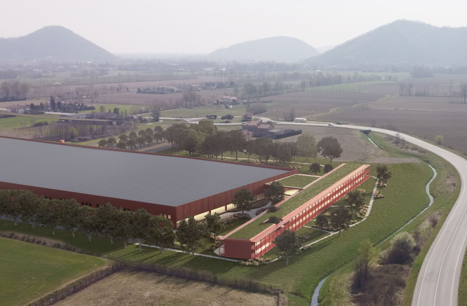 Render esterni della nuova sede Gibus a Teolo (PD), progettata da MD41, integrata nel verde dei Colli Euganei con spazi direzionali e produttivi.
