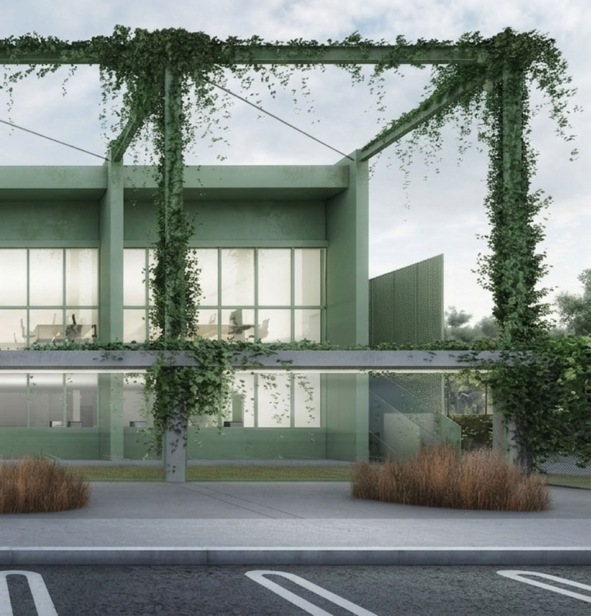 Render esterni degli uffici Bios Line a Ponte San Nicolò (PD), progettati da MD41, ristrutturazione su 2 piani con design moderno e innovativo.