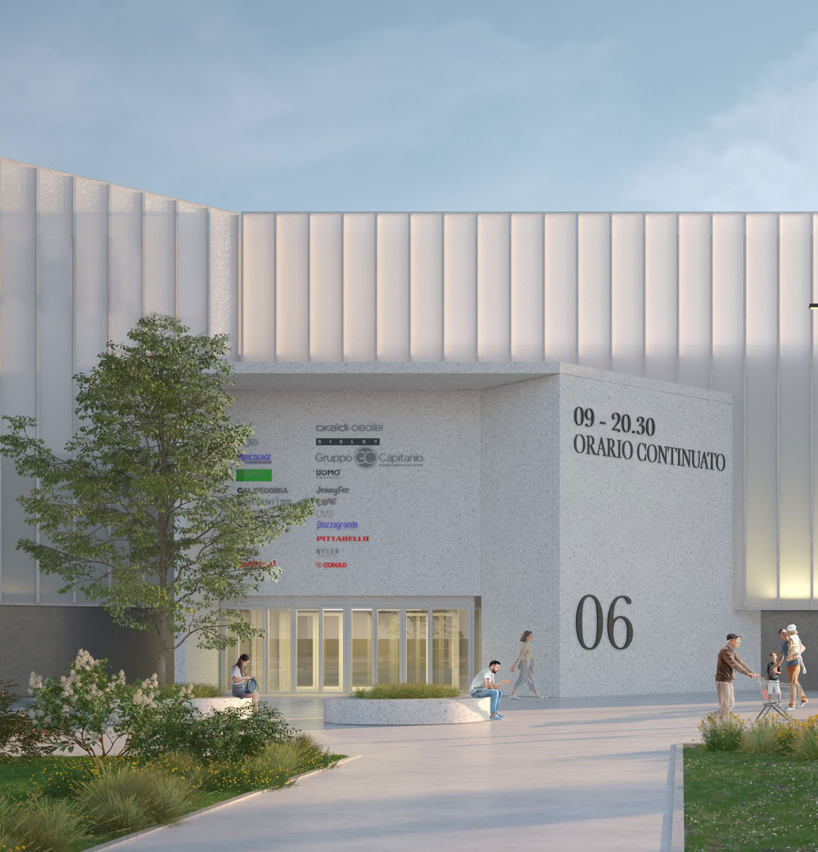 Dettaglio della facciata contemporanea del Centro Commerciale Piazzagrande, tra materia, luce e trasparenze.