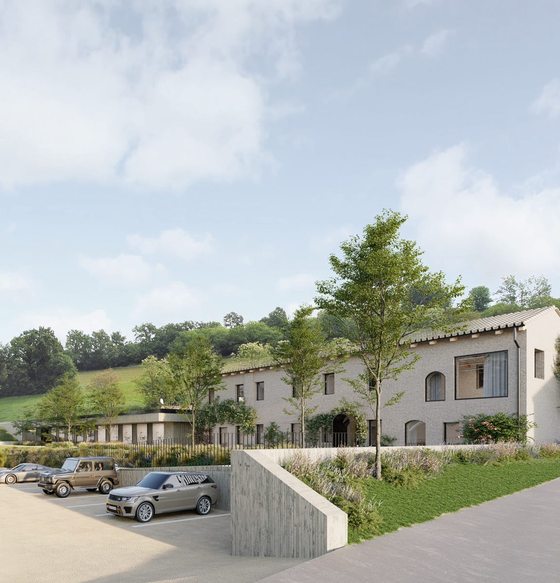 Render esterni del poliambulatorio dentistico a Castiglione delle Stiviere (MN), progettato da MD41, con intervento a impatto energetico zero.