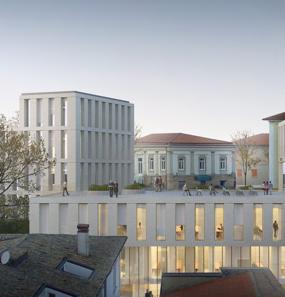 Render esterni del nuovo polo agroalimentare ad Ariano Irpino (AV), progettato da MD41, complesso su sei piani con piazza centrale e integrazione urbana.