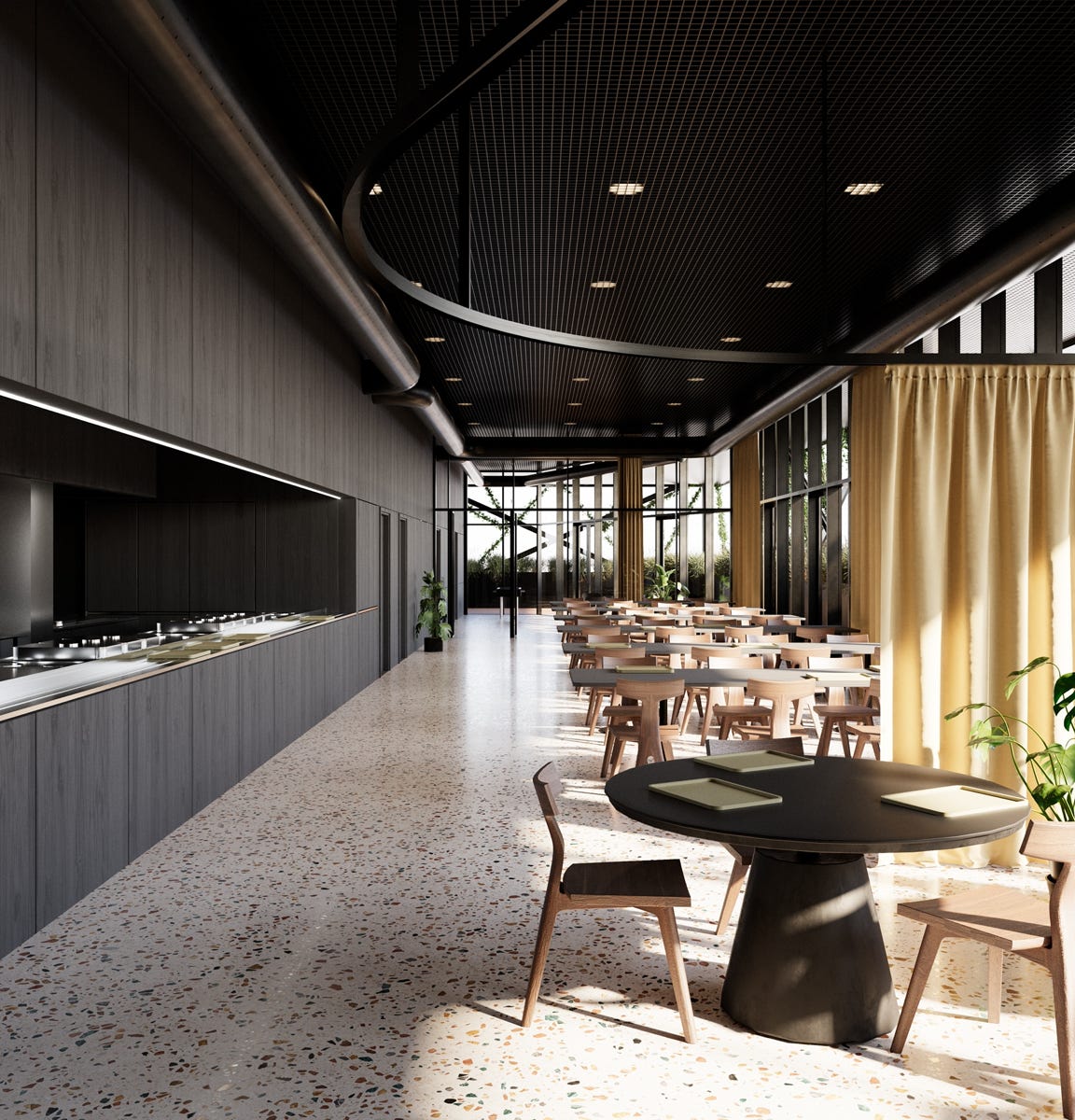 Render interni dell’ampliamento della sede Italchimica Srl a Padova, firmato da MD41, con foyer luminoso e mensa per 90 posti.