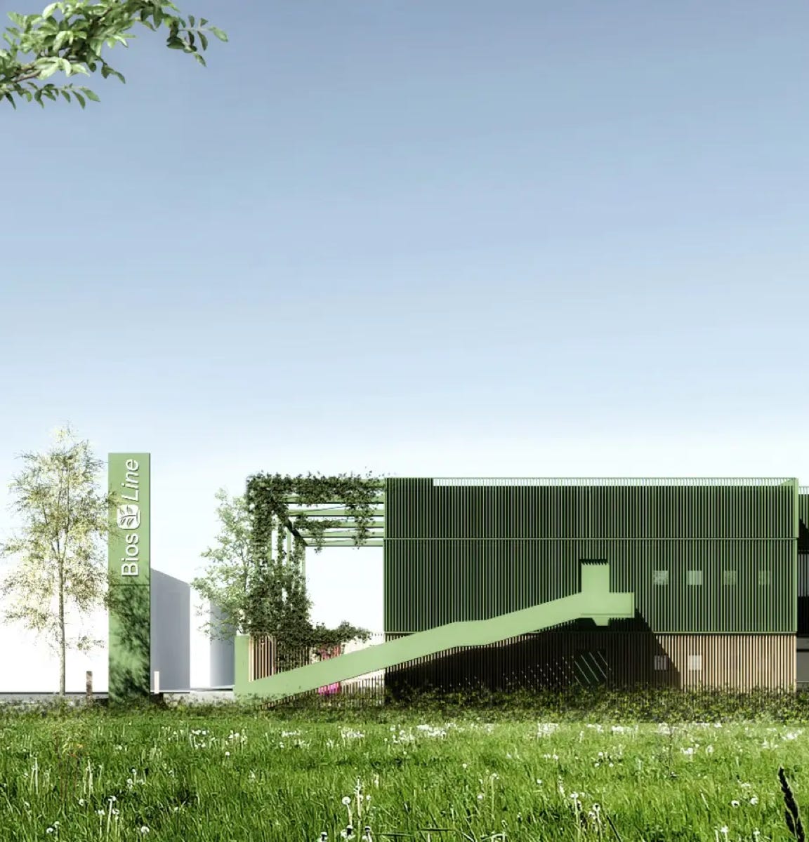 Render esterni degli uffici Bios Line a Ponte San Nicolò (PD), progettati da MD41, ristrutturazione su 2 piani con design moderno e innovativo.