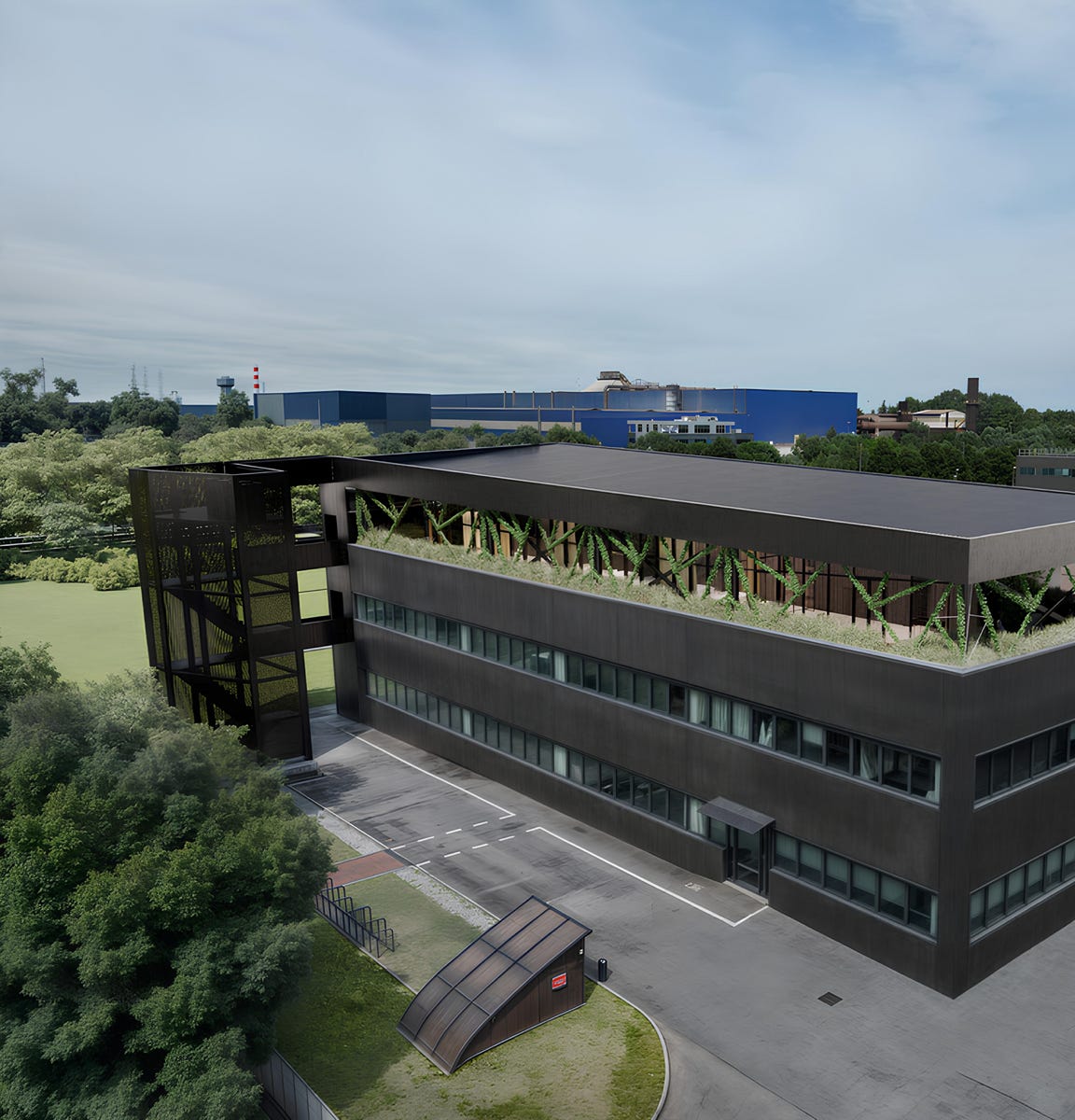Render esterni dell’ampliamento della sede Italchimica Srl a Padova, progettato da MD41, con struttura in acciaio e tetto piano.
