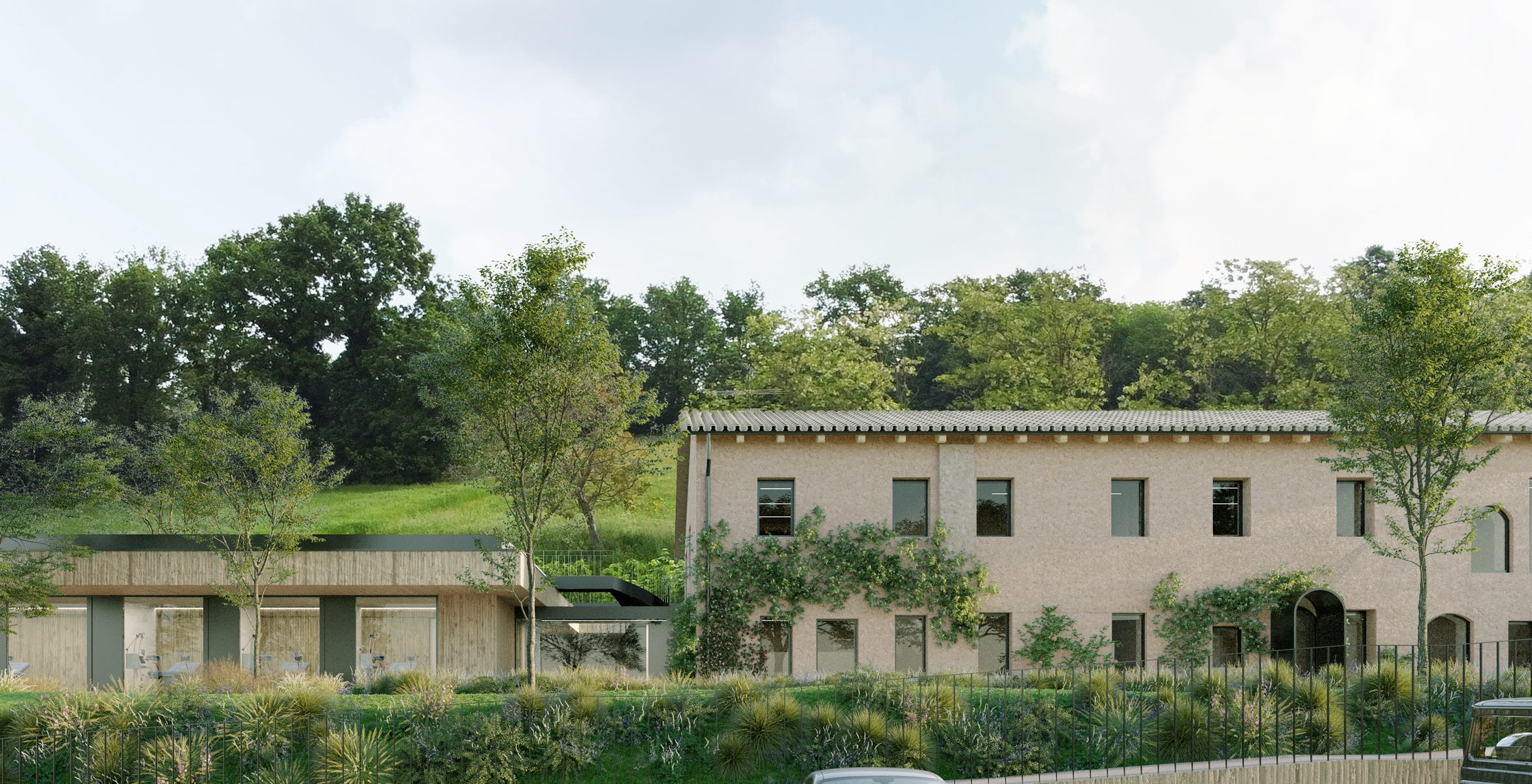 Render esterni del poliambulatorio dentistico a Castiglione delle Stiviere (MN), progettato da MD41, con intervento a impatto energetico zero.