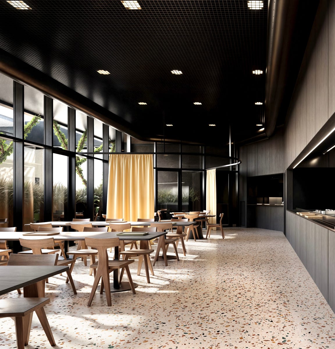 Render interni dell’ampliamento della sede Italchimica Srl a Padova, firmato da MD41, con foyer luminoso e mensa per 90 posti.