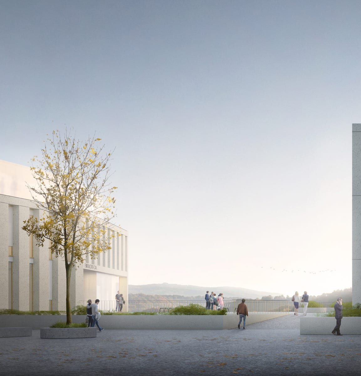 Render esterni del nuovo polo agroalimentare ad Ariano Irpino (AV), progettato da MD41, complesso su sei piani con piazza centrale e integrazione urbana.