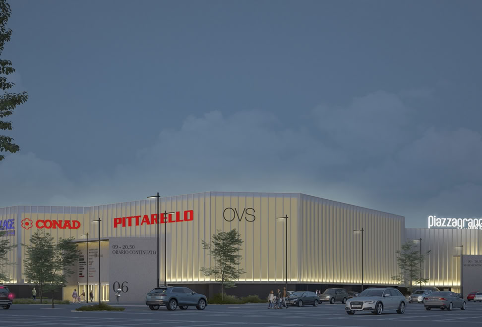 Nuova immagine architettonica del Centro Commerciale Piazzagrande attraverso il progetto di riqualificazione firmato MD41.