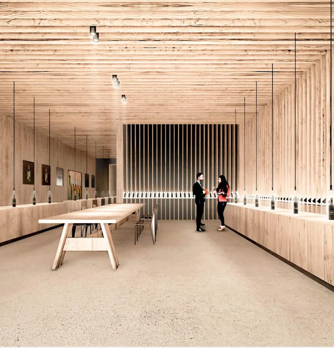 Render interni della cantina a Castelnuovo Bembo, firmata da MD41, con percorsi ottimizzati e area degustazione versatile per eventi.