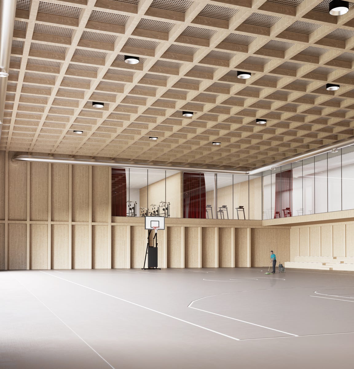 Render interni del centro ricerca sportiva a Legnaro (PD), firmati da MD41, spazi per studio, aule e palestre progettati per attività sportive e ricerca.
