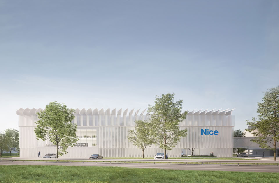 Render esterni del nuovo edificio NICE a Oderzo, progettato da MD41, struttura cilindrica trasparente e leggera nel parco aziendale.
