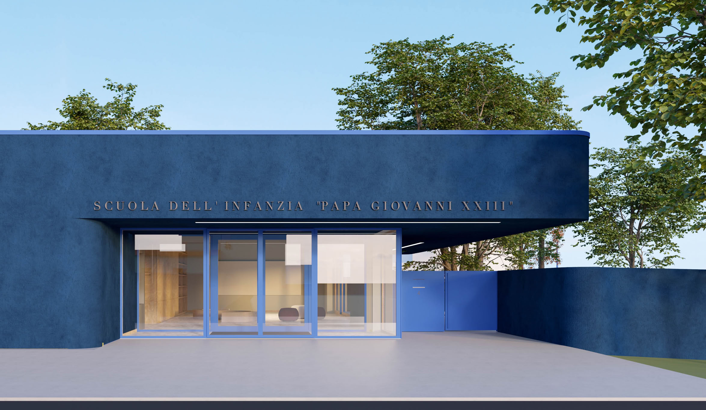 Ingresso principale della nuova scuola dell'infanzia progettata dallo studio di architettura MD41.