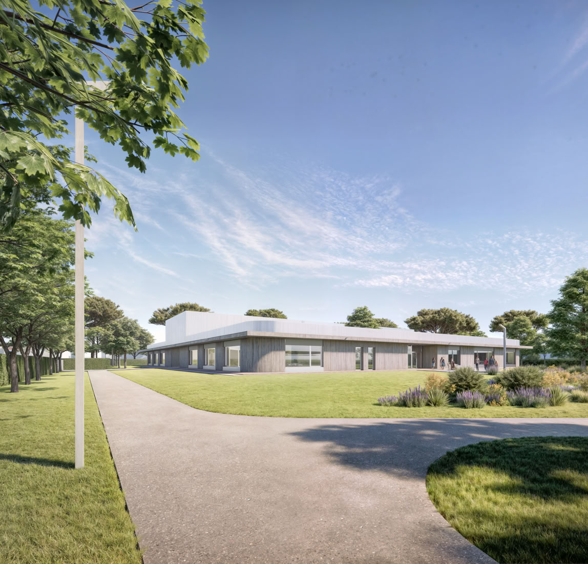 Render dell'edificio principale del plesso scolastico di Goro realizzato dallo studio MD41