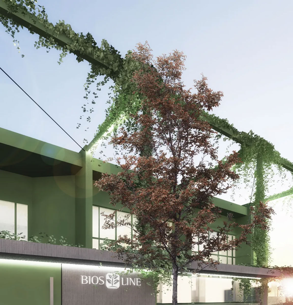 Render esterni degli uffici Bios Line a Ponte San Nicolò (PD), progettati da MD41, ristrutturazione su 2 piani con design moderno e innovativo.