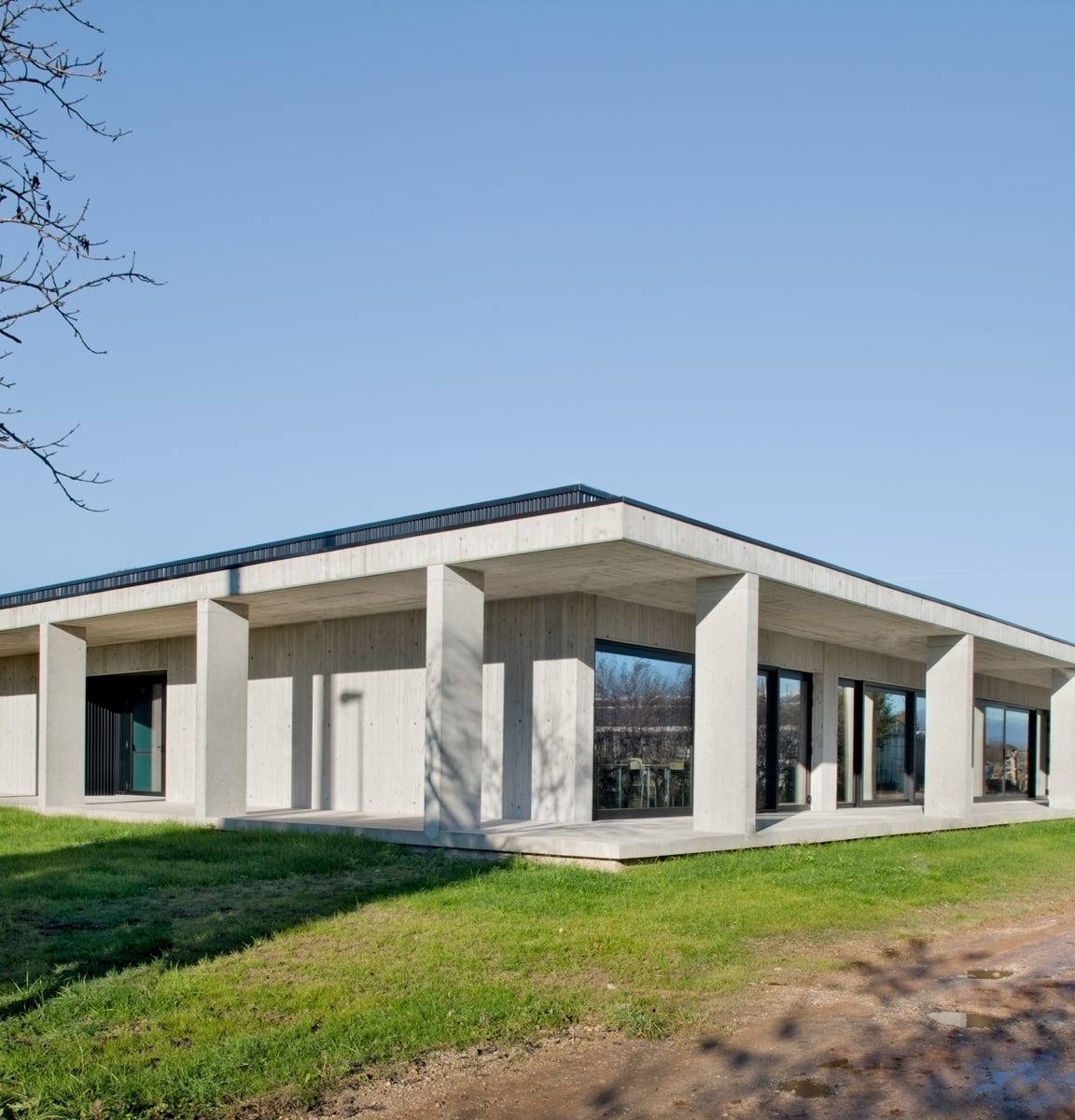 Foto esterni dell’ampliamento dell’Istituto Agrario Domenico Sartor a Castelfranco Veneto (TV), progettato da MD41, edificio su un piano con ampie vetrate e portico perimetrale.