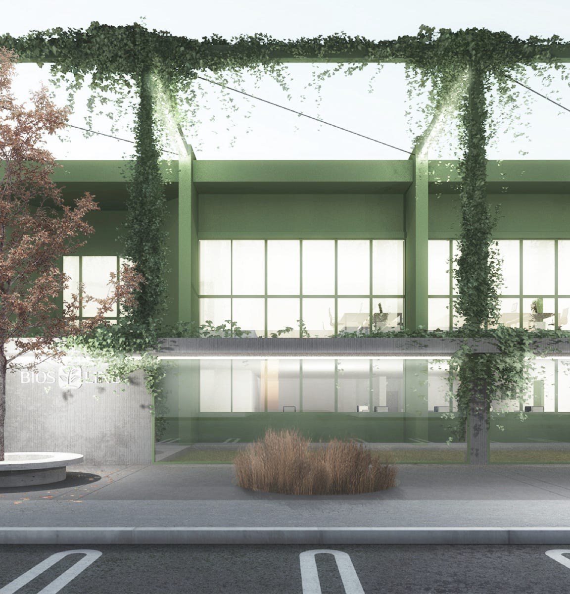 Render esterni degli uffici Bios Line a Ponte San Nicolò (PD), progettati da MD41, ristrutturazione su 2 piani con design moderno e innovativo.